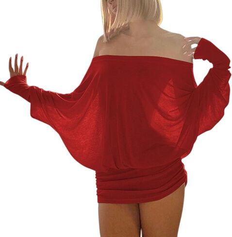 Off The Shoulder Mini Dress for Women Sheer Batwing Sleeve Dress Loose Strapless Ruched Dresses Party Club Dresses in Saudi Arabia