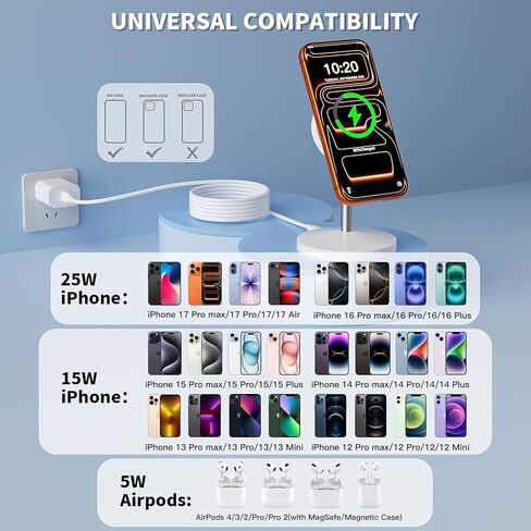 شاحن مغناطيسي لاسلكي iPhone Mag آمن، بطول 10أقدام [معتمد من Qi2.2] 25 وات شاحن iPhone لاسلكي مغناطيسي حامل قاعدة شحن سريع وآمن لهاتف Apple iPhone 17 Pro Max/17/17 Pro/Air/16/15/14/13 in Kuwait