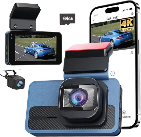 كاميرا داش كام أمامية 4K وخلفية 1080 بكسل مع رؤية ليلية، واي فاي لاسلكي 3 بوصة IPS شاشة DVR، كاميرا سيارة عالية الدقة 2160 بكسل، شاشة وقوف السيارات 24 ساعة، مسجل لوحة القيادة الصغيرة، بطاقة 64 جيجابايت مجانية، كاميرا أمان مخفية للسيارات in Kuwait