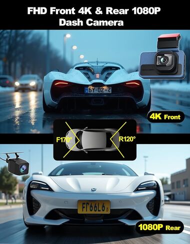 كاميرا داش كام أمامية 4K وخلفية 1080 بكسل مع رؤية ليلية، واي فاي لاسلكي 3 بوصة IPS شاشة DVR، كاميرا سيارة عالية الدقة 2160 بكسل، شاشة وقوف السيارات 24 ساعة، مسجل لوحة القيادة الصغيرة، بطاقة 64 جيجابايت مجانية، كاميرا أمان مخفية للسيارات in Kuwait