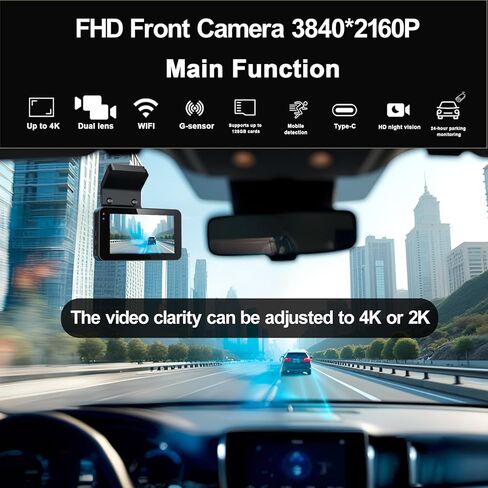 كاميرا داش كام أمامية 4K وخلفية 1080 بكسل مع رؤية ليلية، واي فاي لاسلكي 3 بوصة IPS شاشة DVR، كاميرا سيارة عالية الدقة 2160 بكسل، شاشة وقوف السيارات 24 ساعة، مسجل لوحة القيادة الصغيرة، بطاقة 64 جيجابايت مجانية، كاميرا أمان مخفية للسيارات in Kuwait