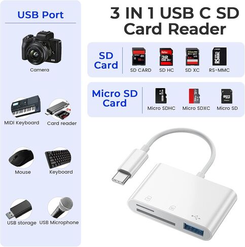 قارئ بطاقات USB من النوع C 3 في 1، محول بطاقة ذاكرة SD وMicro SD، نقل بيانات عالي السرعة، متوافق مع الكاميرا والهاتف in Kuwait