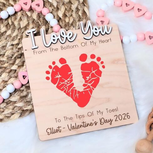 Baby's First Valentine's Day Footprint Art, Personalized Wood Keepsake (Design C) in Saudi Arabia