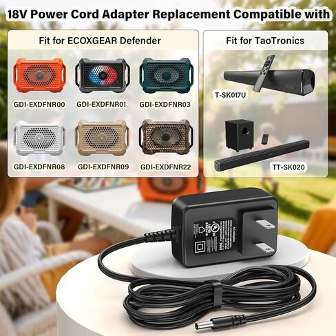 18V Speaker Charger Compatible with ECOXGEAR Defender Portable Bluetooth Speaker, Power Cord AC Adapter for ECOXGEAR GDI-EXDFNR00 GDI EXDFNR01, for TaoTronics TT-SK017U TT-SK020 2.1 Channel Soundbar in Saudi Arabia