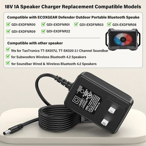 18V Speaker Charger Compatible with ECOXGEAR Defender Portable Bluetooth Speaker, Power Cord AC Adapter for ECOXGEAR GDI-EXDFNR00 GDI EXDFNR01, for TaoTronics TT-SK017U TT-SK020 2.1 Channel Soundbar in Saudi Arabia