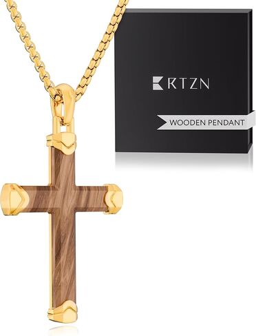 قلادة صليب خشبية من RTZN® للرجال - قلادة متقاطعة مصنوعة يدويًا من خشب الأبنوس الطبيعي/Bubinga للرجال مع سلسلة صندوق من الفولاذ المقاوم للصدأ 3 مم 22 بوصة + 2 بوصة بوصة in Kuwait