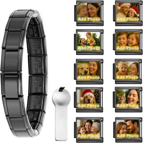 Double Fair Silver Italian Charm Bracelet Set with 10 Custom Photo Charms, Stainless Steel Gift Box & Tool – Personalized Bracelet for Women in Saudi Arabia