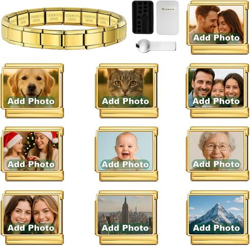 Double Fair Silver Italian Charm Bracelet Set with 10 Custom Photo Charms, Stainless Steel Gift Box & Tool – Personalized Bracelet for Women in Saudi Arabia