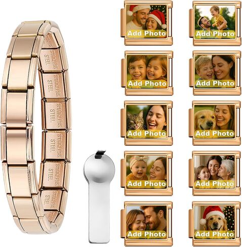 Double Fair Silver Italian Charm Bracelet Set with 10 Custom Photo Charms, Stainless Steel Gift Box & Tool – Personalized Bracelet for Women in Saudi Arabia