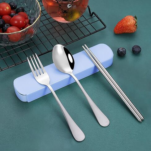 Travel Utensils with Case, Portable Flatware Set for Work, Stainless Steel Reusable Travel Cutlery Set, Fork and Spoon Set for Camping, Gadgets, Lunch Box for Men&Woman, Blue in Saudi Arabia