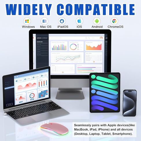 LED Bluetooth Mouse for Laptop/MacBook/iPad - Built-in Mouse Jiggler & 4-Mode (Bluetooth 5.2/3.0 & 2.4GHz USB-A/C) Rechargeable Silent Mouse Multi-Device Compatible with macOS/iOS/Windows/Android in Saudi Arabia