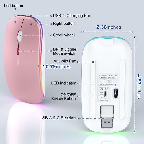 LED Bluetooth Mouse for Laptop/MacBook/iPad - Built-in Mouse Jiggler & 4-Mode (Bluetooth 5.2/3.0 & 2.4GHz USB-A/C) Rechargeable Silent Mouse Multi-Device Compatible with macOS/iOS/Windows/Android in Saudi Arabia