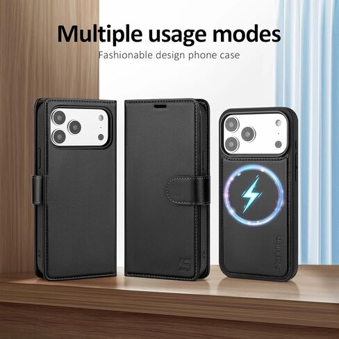 متوافق مع Magsafe المغناطيسي 2 في 1 القابل للفصل لهاتف iPhone 17 Pro Max، حامل بطاقات وفتحات ائتمانية للرجال والنساء، مصنوع من جلد البولي يوريثان RFID مع مسند قلاب لهاتف Apple 17 Pro Max، أسود in Saudi Arabia