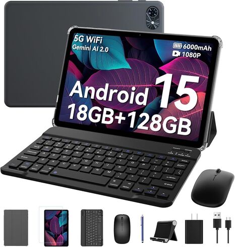 Tablet 2026 Android 15 Tablets, 10.1 Inch Tablet with HD Display, 18GB RAM 128GB ROM /2TB TF, Gemini AI 2.0, Daul Speaker and Cameras, 6000mAh, Widevine L1, 2 in 1 Tablets with Keyboard Mouse Stylus in Saudi Arabia