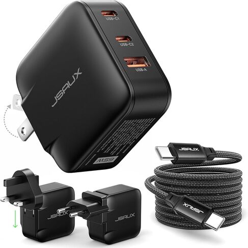JSAUX 65W USB C Wall Charger, 3-Port GaN Fast Charger Block with Foldable Plug, Includes 6.6FT USB C Cable & UK/EU Travel Plugs, Compact Charger for Laptop, iPhone 17, Galaxy, Switch 2, Steam Deck in Saudi Arabia