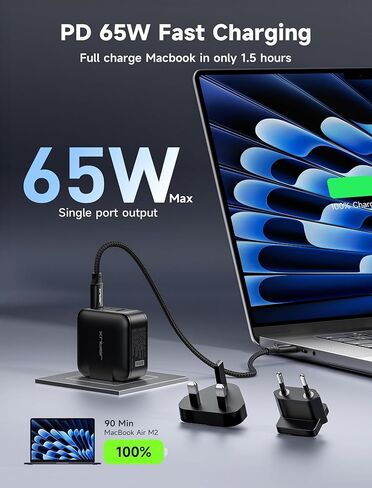 JSAUX 65W USB C Wall Charger, 3-Port GaN Fast Charger Block with Foldable Plug, Includes 6.6FT USB C Cable & UK/EU Travel Plugs, Compact Charger for Laptop, iPhone 17, Galaxy, Switch 2, Steam Deck in Saudi Arabia