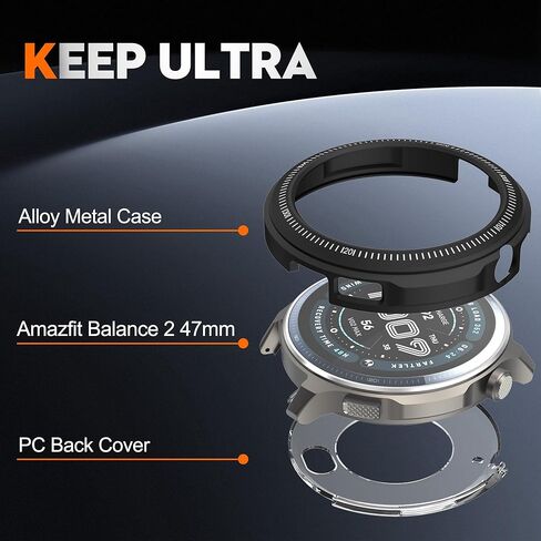 حافظة معدنية للساعة الذكية Amazfit Balance 2 مقاس 47 مم، إطار معدني 2 في 1 وغطاء خلفي شفاف من البولي كربونات مع ملحقات قماش للتنظيف، واقي متين مقاوم للصدمات للتوازن 2 47 مم للرجال والنساء (أسود) in Saudi Arabia