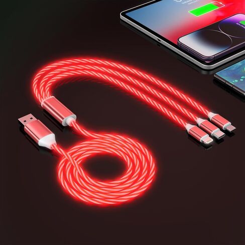 كابل شحن متعدد متوهج بإضاءة LED 3 في 1 من النوع C/Micro USB لهواتف iPhone، سلك شاحن سيارة RGB لهواتف Apple iPhone 15/14/13/12/11 Pro Max/XR/XS/SE، iPad/Android/Samsung-(4FT أحمر) in Kuwait