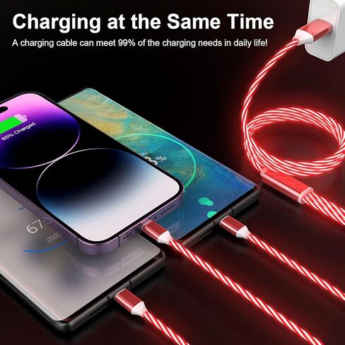 كابل شحن متعدد متوهج بإضاءة LED 3 في 1 من النوع C/Micro USB لهواتف iPhone، سلك شاحن سيارة RGB لهواتف Apple iPhone 15/14/13/12/11 Pro Max/XR/XS/SE، iPad/Android/Samsung-(4FT أحمر) in Kuwait