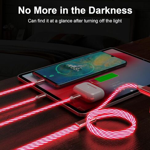 كابل شحن متعدد متوهج بإضاءة LED 3 في 1 من النوع C/Micro USB لهواتف iPhone، سلك شاحن سيارة RGB لهواتف Apple iPhone 15/14/13/12/11 Pro Max/XR/XS/SE، iPad/Android/Samsung-(4FT أحمر) in Kuwait