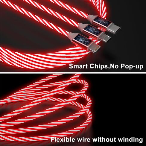 كابل شحن متعدد متوهج بإضاءة LED 3 في 1 من النوع C/Micro USB لهواتف iPhone، سلك شاحن سيارة RGB لهواتف Apple iPhone 15/14/13/12/11 Pro Max/XR/XS/SE، iPad/Android/Samsung-(4FT أحمر) in Kuwait
