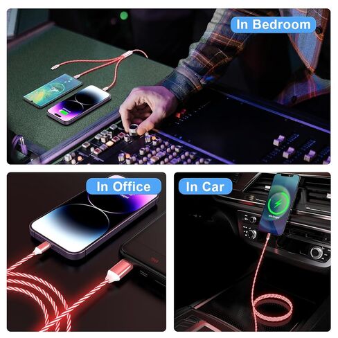 كابل شحن متعدد متوهج بإضاءة LED 3 في 1 من النوع C/Micro USB لهواتف iPhone، سلك شاحن سيارة RGB لهواتف Apple iPhone 15/14/13/12/11 Pro Max/XR/XS/SE، iPad/Android/Samsung-(4FT أحمر) in Kuwait