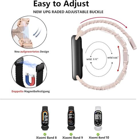 حزام مجدول من النايلون متوافق مع سوار Xiao Mi Band 8/9/10، حزام مطاطي للنساء والرجال in Saudi Arabia