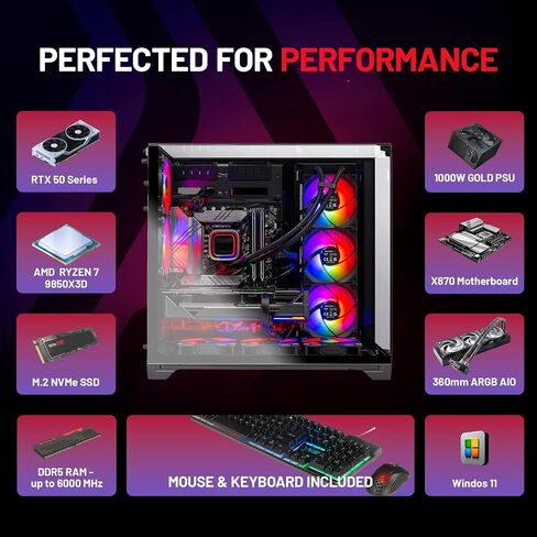 Skytech Gaming O11 Vision Gaming PC، AMD Ryzen 7 9850X3D 4.7 جيجا هرتز، NVIDIA RTX 5080 16 جيجا VRAM، لوحة X870، 2 تيرابايت Gen4 NVMe SSD، 32 جيجا DDR5 RAM 6000، 1000 وات Gold ATX 3 PSU، 360 ARGB AIO، Wi-Fi، Win 11 in Kuwait