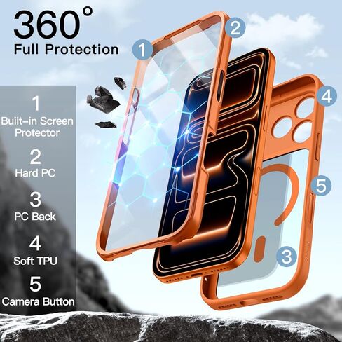 JETech Case for iPhone 17 Pro Max 6.9-Inch with Built-in Tempered Glass Screen Protector and Camera Control Button, Compatible with MagSafe, 360 Degree Full Body Cover (Orange) in Kuwait