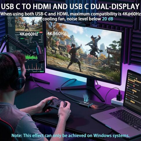 محول طاقة مزدوج العرض USB C إلى HDMI وUSB C إلى نظارات Xreal/Viture/RayNeo AR أو شاشات HDMI/Type C أثناء الشحن لجهاز Steam Deck، وROG Ally، وSwitch، ومتوافق مع 4K 144 هرتز|مروحة تبريد مدمجة in Kuwait