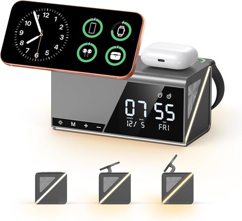 4URPC 6-in-1 Alarm Clock Wireless Charging Station for Apple Multiple Devices,MagSafe Charging Dock for iPhone 17/16/15/14/13 Series, Apple Watch, AirPods,Wireless Charger with Night Light/Alarm Clock in Kuwait