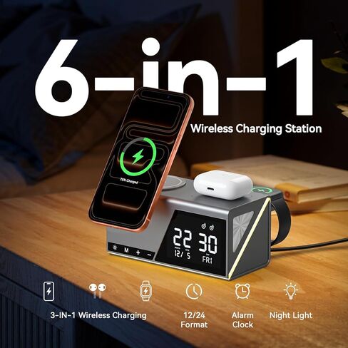 4URPC 6-in-1 Alarm Clock Wireless Charging Station for Apple Multiple Devices,MagSafe Charging Dock for iPhone 17/16/15/14/13 Series, Apple Watch, AirPods,Wireless Charger with Night Light/Alarm Clock in Kuwait
