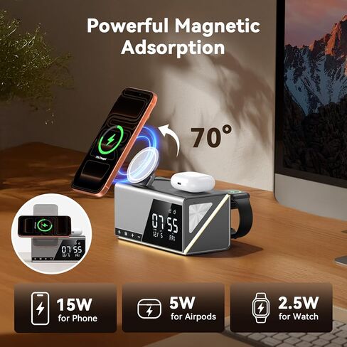 4URPC 6-in-1 Alarm Clock Wireless Charging Station for Apple Multiple Devices,MagSafe Charging Dock for iPhone 17/16/15/14/13 Series, Apple Watch, AirPods,Wireless Charger with Night Light/Alarm Clock in Kuwait