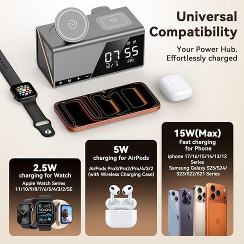 4URPC 6-in-1 Alarm Clock Wireless Charging Station for Apple Multiple Devices,MagSafe Charging Dock for iPhone 17/16/15/14/13 Series, Apple Watch, AirPods,Wireless Charger with Night Light/Alarm Clock in Kuwait