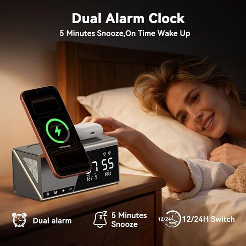 4URPC 6-in-1 Alarm Clock Wireless Charging Station for Apple Multiple Devices,MagSafe Charging Dock for iPhone 17/16/15/14/13 Series, Apple Watch, AirPods,Wireless Charger with Night Light/Alarm Clock in Kuwait