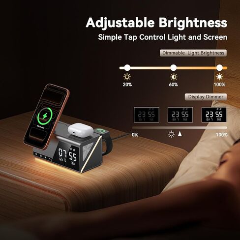 4URPC 6-in-1 Alarm Clock Wireless Charging Station for Apple Multiple Devices,MagSafe Charging Dock for iPhone 17/16/15/14/13 Series, Apple Watch, AirPods,Wireless Charger with Night Light/Alarm Clock in Kuwait