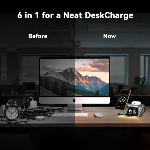 4URPC 6-in-1 Alarm Clock Wireless Charging Station for Apple Multiple Devices,MagSafe Charging Dock for iPhone 17/16/15/14/13 Series, Apple Watch, AirPods,Wireless Charger with Night Light/Alarm Clock in Kuwait