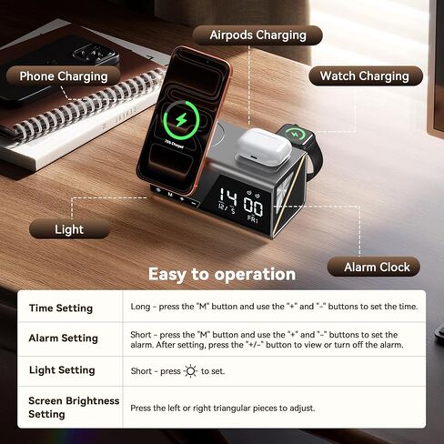 4URPC 6-in-1 Alarm Clock Wireless Charging Station for Apple Multiple Devices,MagSafe Charging Dock for iPhone 17/16/15/14/13 Series, Apple Watch, AirPods,Wireless Charger with Night Light/Alarm Clock in Kuwait