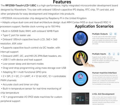 RP2350 1.85inch Round LCD Development Board, 360×360, 65K Color, Dual-Core and Dual-Architecture Design, for HMI, LVGL GUI and Embedded Projects (Standard Version) in Saudi Arabia
