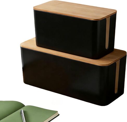1Large+1Small Cable Organizer Set-2-Piece Home Office Desk Wire Management Storage Box,Cable Storage Box(Bamboo lid/Black) in Saudi Arabia