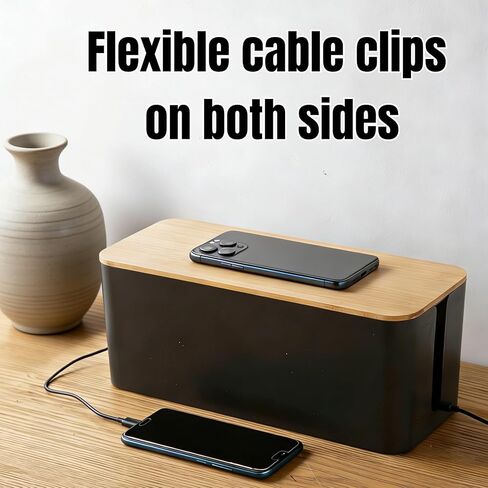 1Large+1Small Cable Organizer Set-2-Piece Home Office Desk Wire Management Storage Box,Cable Storage Box(Bamboo lid/Black) in Saudi Arabia