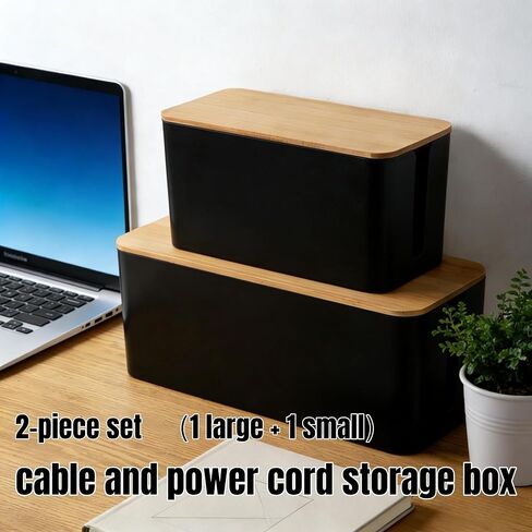 1Large+1Small Cable Organizer Set-2-Piece Home Office Desk Wire Management Storage Box,Cable Storage Box(Bamboo lid/Black) in Saudi Arabia