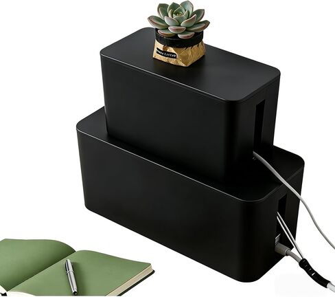 1Large+1Small Cable Organizer Set-2-Piece Home Office Desk Wire Management Storage Box,Cable Storage Box(Bamboo lid/Black) in Saudi Arabia