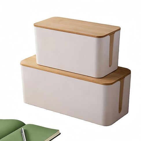 1Large+1Small Cable Organizer Set-2-Piece Home Office Desk Wire Management Storage Box,Cable Storage Box(Bamboo lid/Black) in Saudi Arabia