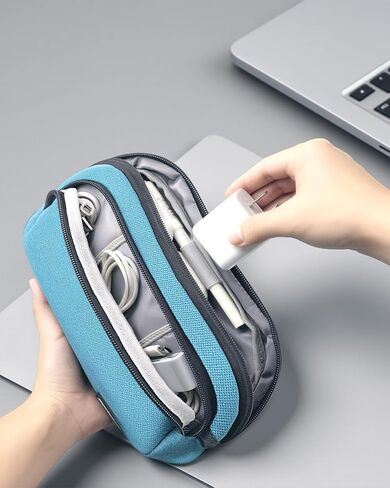 Portable Electronics Organizer Travel Case, Double Layers Tech Organizer, All-in-One Charger Storage Bag for Charging Cable, USB Cord, Charger, Power Bank, Flash Drive, Blue in Kuwait
