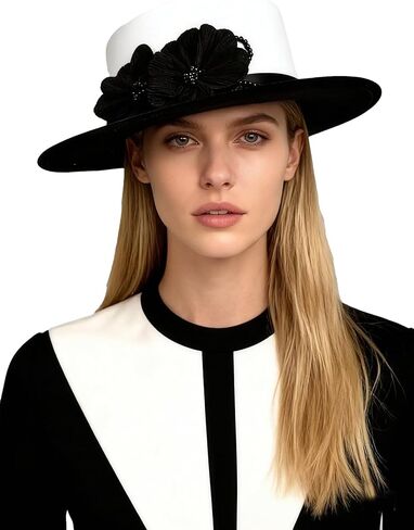 Women's Black/White Dome and Flat Brim Wool Felt Fedora Hat with Flower Beaded Formal Church Cocktail Hats in Saudi Arabia