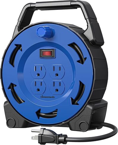 DEWENWILS 6 Outlets Extension Cord بكرة ، 30 قدم SJTW 16/3C سلك الطاقة ، وقابل للرياح اليدوية ، وحماية الحمل الزائد ، قاطع الدائرة 13 أمبير ، أصفر ، أسود ، مدرج في القائمة UL in Saudi Arabia