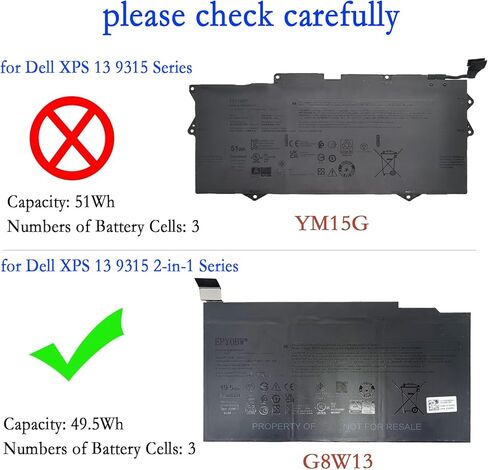 G8W13 Laptop Battery 49.5Wh 4123mAh 3-Cell 11.4V Compatible with Dell XPS 13 9315 2-in-1 Series 07HFP9 in Saudi Arabia
