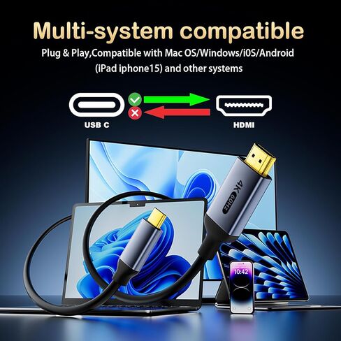 4K 60Hz USB-C to HDMI Cable, 3.3Ft/1M High-Speed USB 3.1 Type-C (Source) to HDMI (Display) Cord, (Thunderbolt 4/3 Compatible) for MacBook Pro/Air, iPhone 15/16, iPad Pro, iMac(3.3Ft/1M) in Saudi Arabia