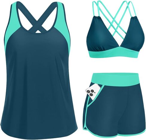 Daci Women 3 Piece Tankini Swimsuits - Tummy Control Tank Top with Bra Modest Bathing Suit with Pockets Boyshorts Bottom 2025 in Saudi Arabia